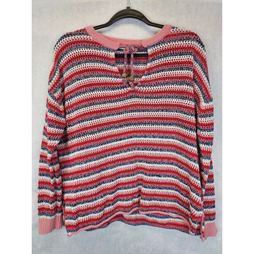 Zaket & Plover Sweater Womens M Crochet Open Knit Striped Cotton Colorful Preppy